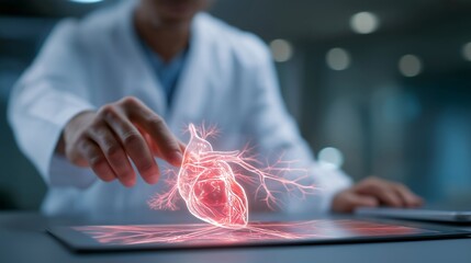 A surgeon reviewing a 3D holographic model of human blood vessels before a procedure, glowing arteries and veins floating above the operating table — advanced medical imaging, vascular health