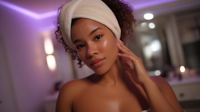 A beauty influencer applying a collagen-boosting sheet mask while filming a nighttime skincare routine, soft purple LEDs illuminating her vanity &mdash; digital beauty culture, skincare content creation,
