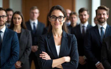 A group of people in suits and ties are standing in a room. A woman in the center of the group is wearing glasses and has her arms crossed. High quality