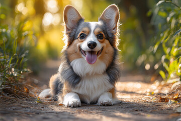 Cheerful tricolor corgi lies on a sunlit forest path, tongue out and ears perked, surrounded by soft greenery and warm golden bokeh in a peaceful natural setting.