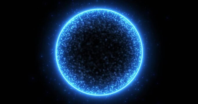 abstract magical round sphere made of shiny glittering blue particles of magical glow on a dark background, an energy ball of bright dots, the movement of a spherical ball. Seamless 4k video.