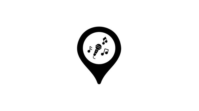 Animated black location pin icon with microphone and musical notes for karaoke bar maps live performance navigation and music venue positioning on white.
