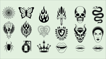 Mystic Gothic Tattoo Elements Set, Dark Aesthetic Symbols for Branding and Body Art