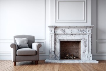 Elegant interior space features a plush armchair beside a classic marble fireplace