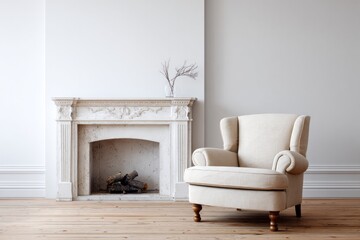 Elegant upholstered armchair sits beside a decorative marble fireplace hearth in a bright room