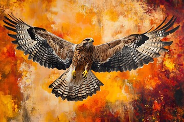Brown and black striped buzzard with outstretched wings soaring against fiery orange and yellow textured sky