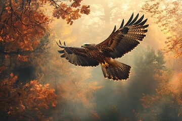 Brown buzzard soaring with outstretched wings in golden autumn forest mist bird of prey raptor eagle like bird