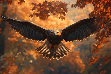 Brown buzzard in flight with outstretched wings against golden autumn foliage