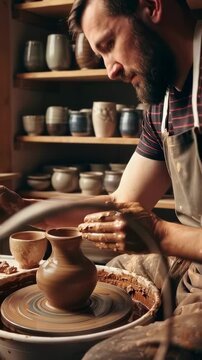 A Skilled Potter Carefully Shaping Clay into a Beautiful Vase on a Spinning Wheel Amidst a Cozy Studio Filled with Handmade Ceramics and Artisan Tools