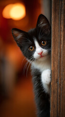 Adorable tuxedo kitten with golden eyes peeking around wooden doorframe, paw resting on corner, pink tongue visible, warm indoor lighting with soft bokeh, playful and curious expression