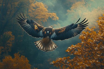 Brown and black buzzard soaring with outstretched wings in autumn forest mist bird of prey raptor flying
