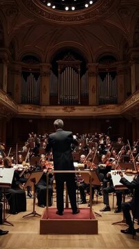 A Symphony in Motion: The Conductor Leads His Orchestra Through a Captivating Performance in a Grand Concert Hall Filled with Musical Talent and Passion