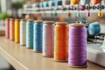 Colorful spools of thread neatly arranged on a sewing machine workspace in a well-lit room filled with crafting tools and materials