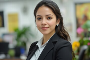 Obraz premium Confident Hispanic businesswoman in formal attire poses in her modern office during daylight hours