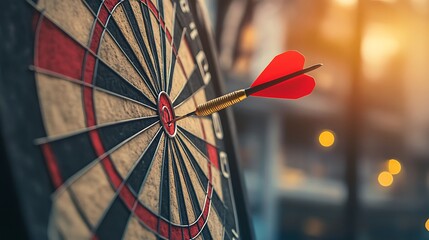 Dartboard with single red dart hitting bullseye perfectly