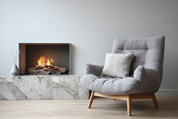 Modern living room setting showcases a comfortable upholstered armchair beside a contemporary inset fireplace.