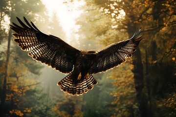 Brown and black striped buzzard flying with outstretched wings in golden forest sunlight bird of prey