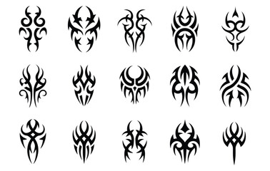Black Tribal Tattoo Ornaments Set, Ethnic Symbol Silhouettes for Body Art