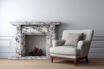 Elegant upholstered armchair rests beside a classical marble fireplace with a low fire burning.