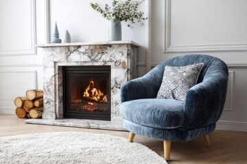 Plush blue armchair rests beside a lit marble fireplace in a tastefully decorated room