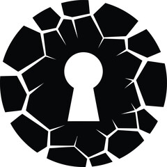 Black circular shape with a keyhole in the center and cracked outer edges on a white background lock