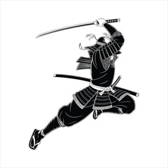 Standing Samurai Warrior Silhouette with Katana Sword, Traditional Japanese Fighter