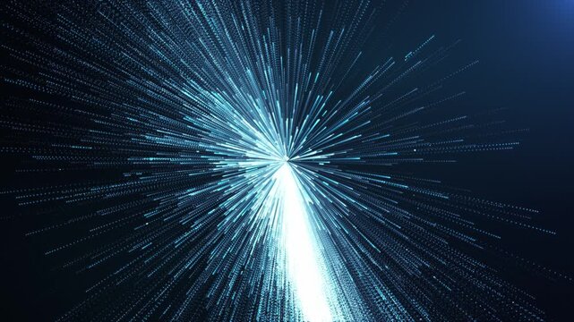 Abstract blue particle rays converging into a bright center, futuristic data burst with depth, speed and dynamic digital motion background.