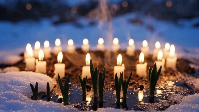Imbolc Banner with Glowing White Candles Arranged in Sacred Circle Illuminating Winter Dusk