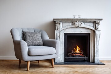 Comfortable upholstered armchair sits beside an ornate marble fireplace with burning logs