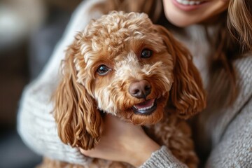 Closeup of woman brushing brown dogs hair indoors, showcasing a moment of care and companionship in a cozy environment