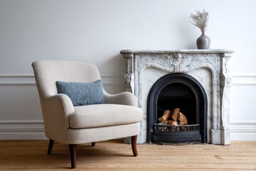 Comfortable upholstered armchair positioned beside an ornate marble fireplace on a wooden floor