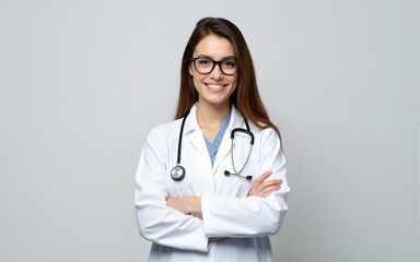 A young female doctor in a white coat and stethoscope, with brown hair and glasses, standing with her arms crossed in a confident pose. High quality