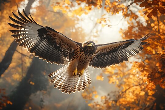 Brown and cream buzzard soaring with outstretched wings in golden autumn forest bird of prey raptor flying