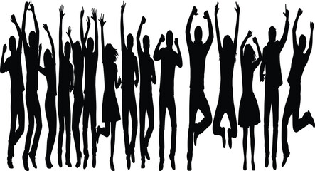 Jumping people silhouettes celebrating happiness and freedom, energetic crowd unity, success, teamwork, and joyful social event atmosphere on white background
