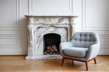 Elegant contemporary armchair sits before ornate marble fireplace in room with paneled walls