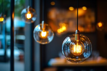 Warm glowing light bulbs hanging in modern indoor setting