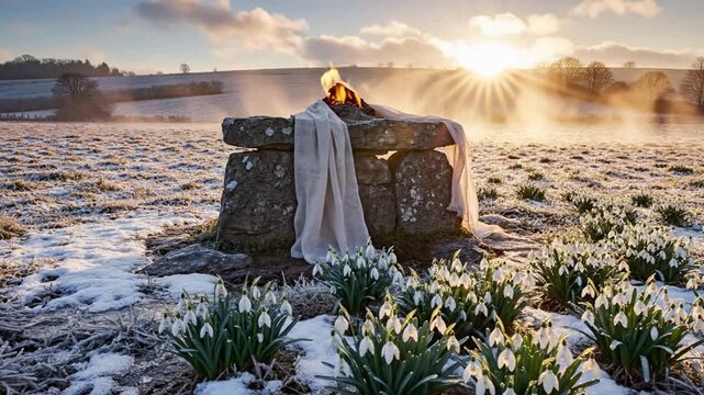 Imbolc Banner with Frost-Covered Meadow and Snowdrops Blooming Through Melting Snow