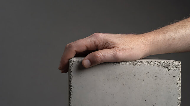 A hand rests on the sharp edge of a concrete block, a study in texture and form. Simple shapes highlight the contrast between skin and stone in gray scale.