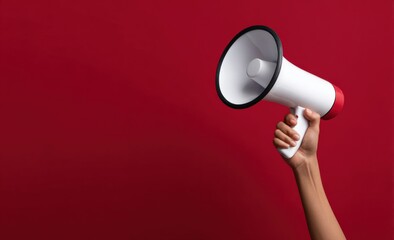 Female hand holding megaphone against red background for announcement concept