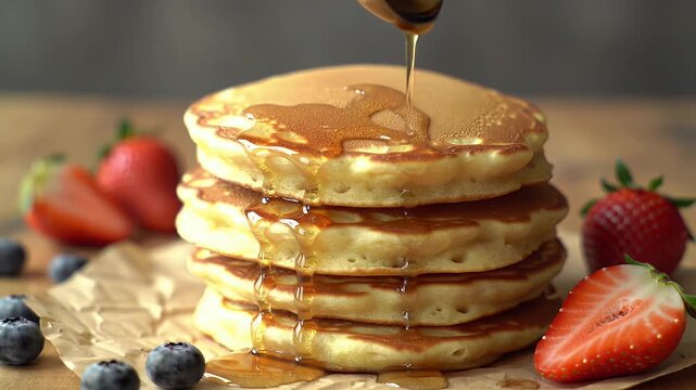 Pancake stack and syrup.