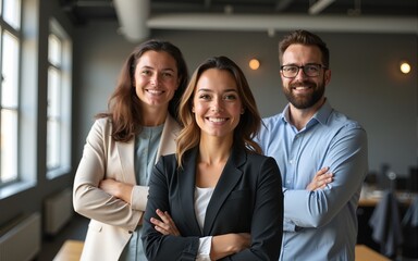 Obraz premium Successful business team is looking at camera and smiling while standing with crossed arms in office. High quality