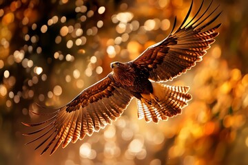 Brown eagle in mid flight with outstretched wings against golden bokeh lights bird of prey raptor brown feathers