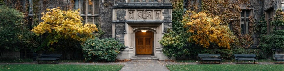 Fototapeta premium Historic stone building entrance with autumn foliage and benches