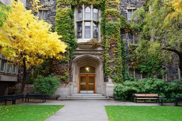 Obraz premium Historic ivy-covered stone building entrance in autumn setting