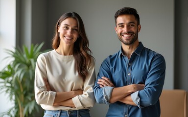 Mother and son ecommerce business workers standing with arms crossed gesture at office. High quality