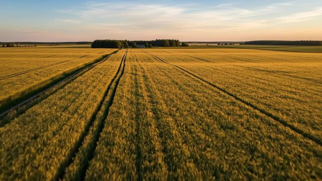 Harvested fields stretching under a warm sunset sky