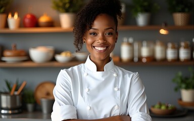Attractive black female chef standing in her restaurant kitchen, arms crossed and smiling at the camera with food items on shelves behind her. High quality