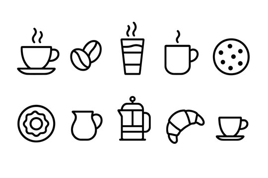 Coffee and beverage outline icon set. Cups, mugs, donuts, cookies, and cafe drinks.