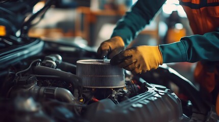 Mechanic replacing car air filter in engine compartment