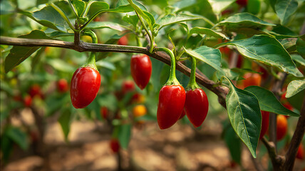 Close up of ripe red chili peppers hanging on lush green plant,  a spicy culinary ingredient,  pepper plant growing in organic garden, red pepper on the vine.